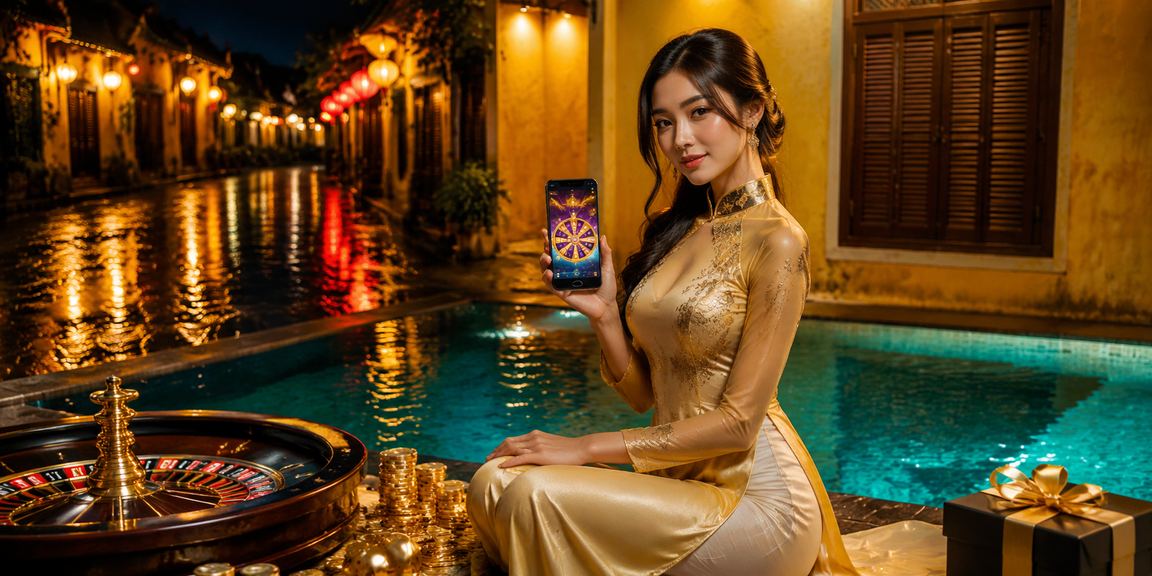 Khung cảnh Hội An với người phụ nữ mặc áo dài bên bàn roulette trực tuyến